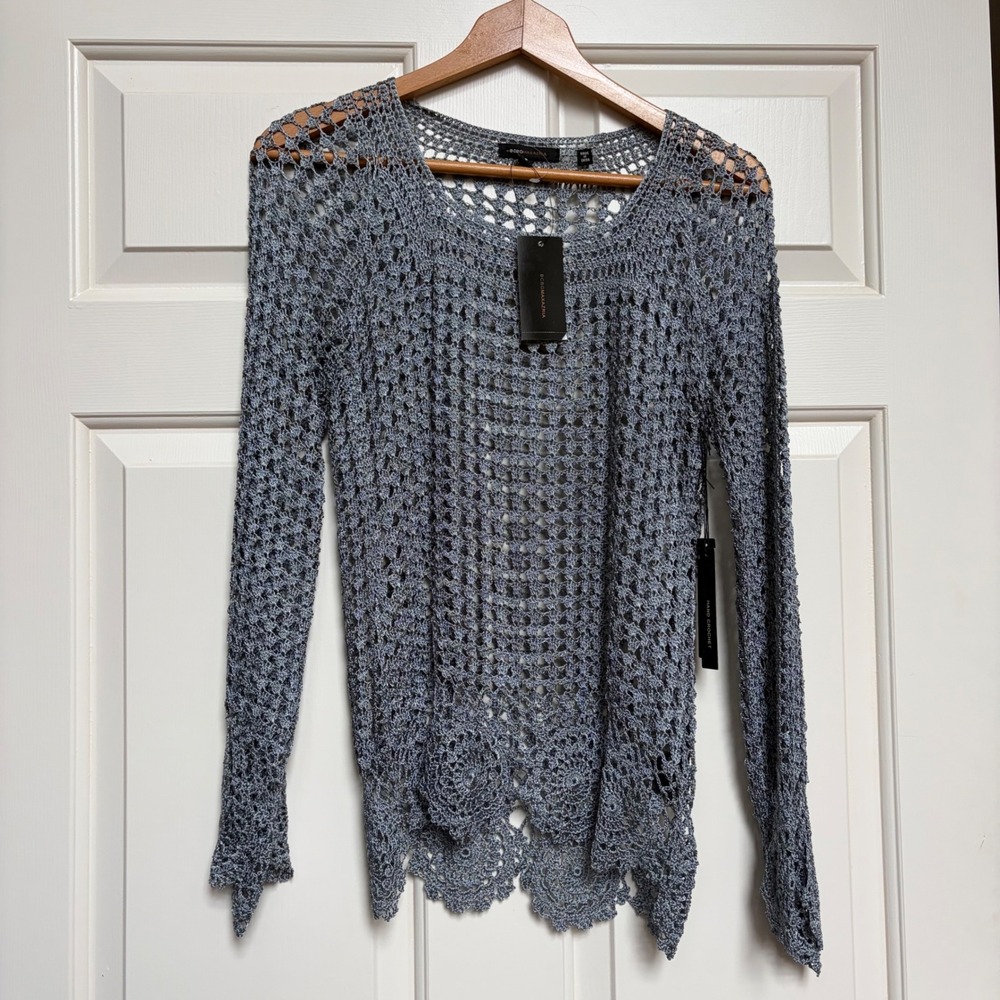 BCBGMAXAZRIA Silver Hand Crochet Long Sleeve Top Sweater S New Festival Boho